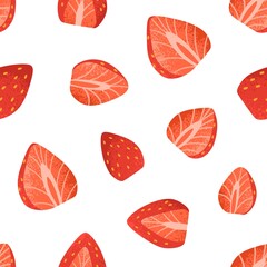 Seamless pattern with strawberries. Endless background with red berries, repeating print for textile, wrapping, decoration. Fresh fruit pieces on white backdrop. Colored flat vector illustration