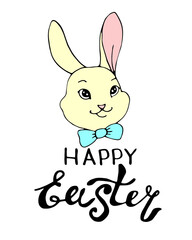 Happy Easter - inscription and color drawing of face of cute rabbit in flat style . Vector template for greeting card, invitation, poster, sticker, holiday design