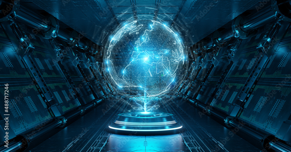 Poster blue spaceship interior with glowing world map. futuristic corridor in space station with projected 
