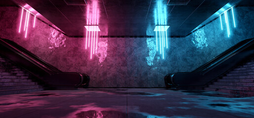 Realistic underground subway station Background with wet floors. Futuristic metro interior with blue and pink glowing neon lights and escalators. 3D Rendering