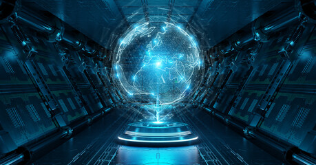 Blue spaceship interior with glowing  world map. Futuristic corridor in space station with projected Planet Earth background 3d rendering © sdecoret