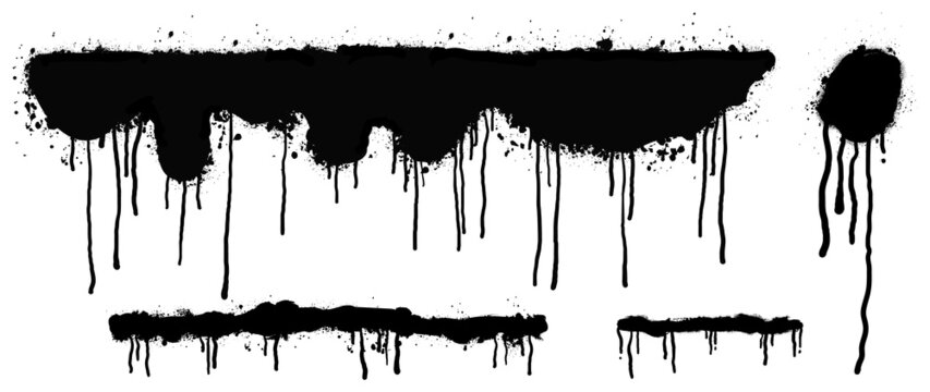 Set of black graffiti spray. Collection of abstract ink paint, drips, drop and dot with spray texture and stencil pattern. Elements on white background for banner, decoration, street art and ads.