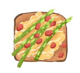 Green asparagus, honey and nuts toast. Vegetarian sandwich on grilled bread with peanuts, vegetable. Vegan snack. Breakfast food. Flat vector illustration isolated on white background