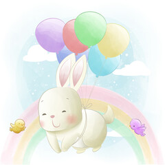 cute rabbit flying into the sky with balloons and rainbow background