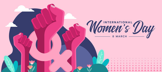 Fototapeta international women's day - pink woman Raised Hands wearing female sign vector design obraz