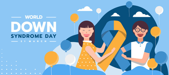 World down syndrome day - Children with Down syndrome are helping hold big blue yellow ribbon sign and balloon are rising in the sky vector design