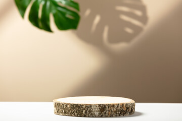 Minimal modern product display on neutral beige background. Wood slice podium and green tropical...