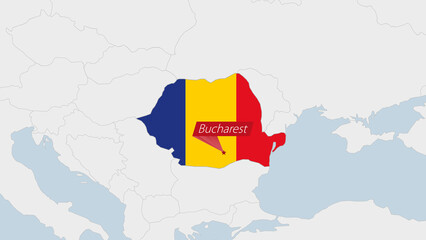 Romania map highlighted in Romania flag colors and pin of country capital Bucharest.