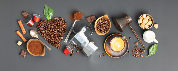 Coffee composition with coffee and accessories on dark background, banner, flat lay
