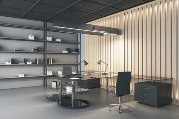 Obraz na płótnie Canvas Modern office interior with desk, chair, and bookcase. Design and workplace concept. 3D Rendering.