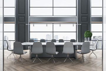 Grey shades classic interior design of modern conference room with stylish furniture on wooden parquet floor and city view from big window. 3D rendering