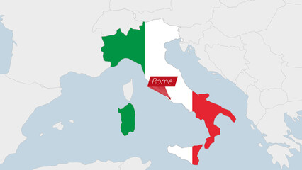 Italy map highlighted in Italy flag colors and pin of country capital Rome.