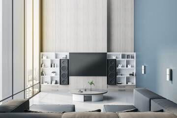 Modern living room interior with empty mock up tv screen and stereo set, furniture and panoramic city view with daylight. 3D Rendering. - obrazy, fototapety, plakaty