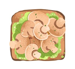 Champignon and mashed avocado toast on grilled square bread. Open sandwich with mushrooms slices. Healthy vegetarian snack. Vegan breakfast food. Flat vector illustration isolated on white background