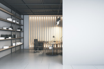 Modern office interior with empty mock up place on wall, desk, chair, and bookcase. Design and workplace concept. 3D Rendering.