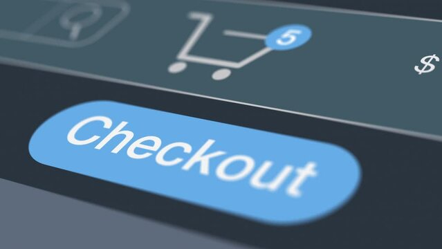 online shopping, close-up of a shopping cart icon with items counter, the mouse cursor click on the 'checkout' button (3d render)