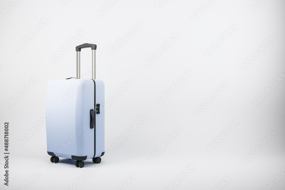 Poster suitcase on white wallpaper with mock up place. luggage, bag and airplane concept. 3d rendering.