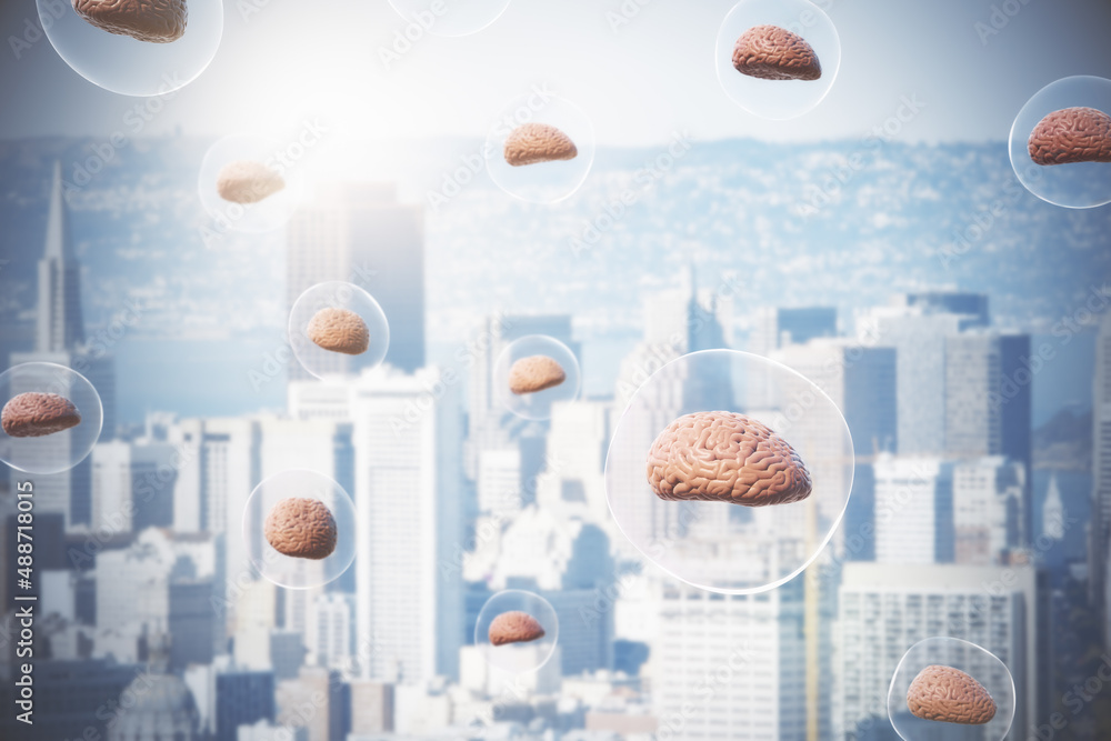 Aufkleber abstract city background with brains in bubbles. smart city, future and innovation concept. 3d rende