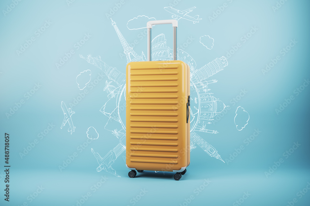 Poster modern suitcase on blue background with mock up place and creative sketch. luggage, bag and airplane