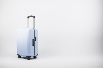 Suitcase on white wallpaper with mock up place. Luggage, bag and airplane concept. 3D Rendering.