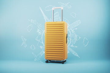 Modern suitcase on blue background with mock up place and creative sketch. Luggage, bag and airplane concept. 3D Rendering.