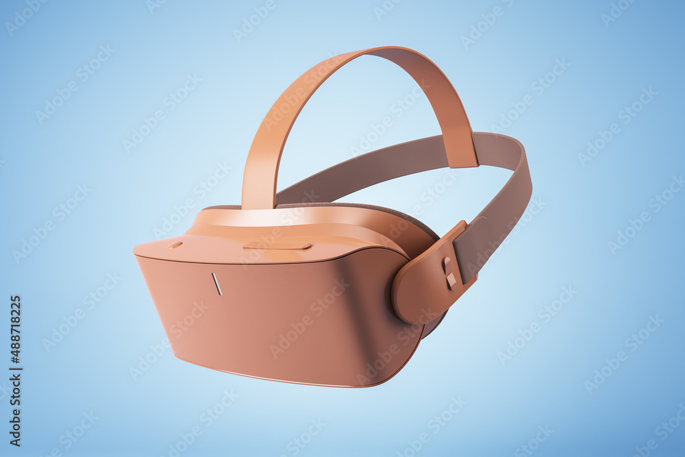 Poster Close up of abstract pink VR glasses on blue backdrop. Device and augmented reality concept. 3D Rendering.