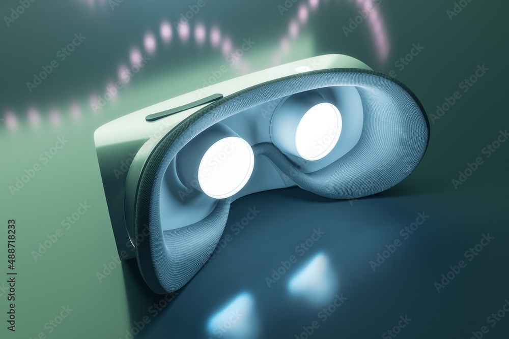 Aufkleber Close up of abstract VR glasses on blurry light wallpaper with mock up place. Device and augmented reality concept. 3D Rendering.