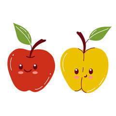 Apple character with funny face. Happy cute cartoon red and yellow apple set vector illustration. Healthy vegetarian food isolated kids character