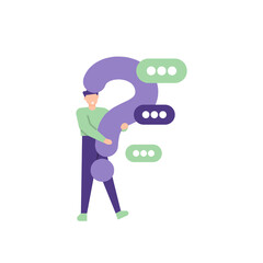 illustration of a man holding a question mark symbol. ask questions and seek answers. concept Frequently asked questions or FAQ, online support center. flat vector design. ui, landing page