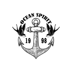 Vintage anchor with swallows. Design element for emblem, sign, badge, logo. Vector illustration