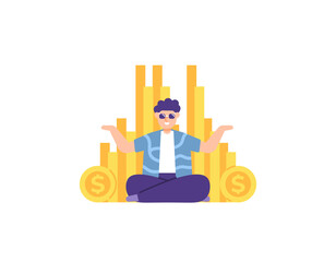 illustration of a man sitting cross-legged and surrounded by piles of coins. rich people, financially prosperous. successful businessman. economic well-being. flat vector design. ui, landing page © Papcut design 
