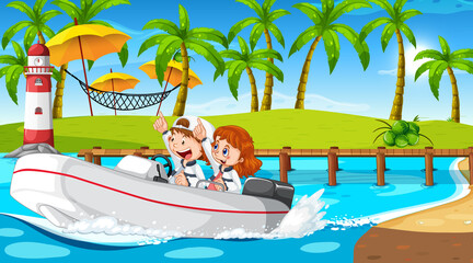 Obraz na płótnie Canvas Ocean scenery with children driving speedboat