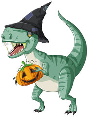 Fototapeta premium Tyrannosaurus rex dinosaur holding pumpkin in cartoon style