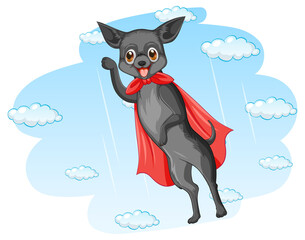 Cute dog with red cape flying in the sky