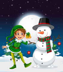 Snowy winter night with Christmas snowman and elf