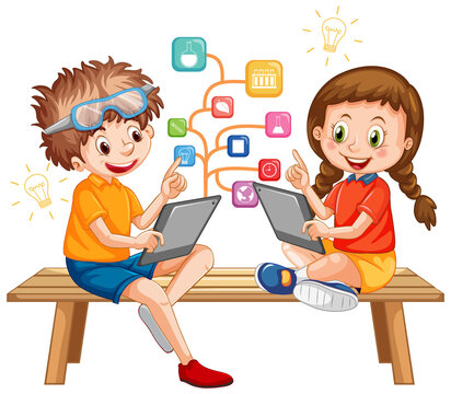 Kids using tablet with education icons