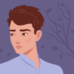 Fototapeta premium Young thinking handsome man, businessman portrait, serious face. Smart student, guy in formal office wear, head and shoulders close up. Vector flat style creative illustration, tree branch background