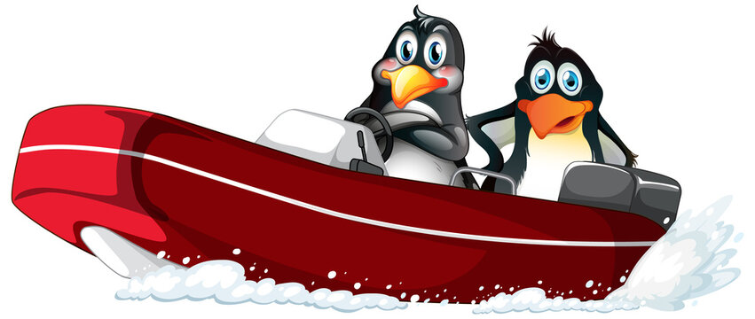 Penguins on a speed boat in cartoon style