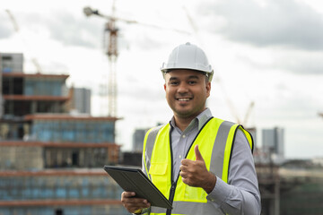 Asian engineer handsome man or architect use tablet with white safety helmet in city construction site . Standing on rooftop building construction at capital.