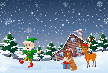 Snowy Christmas night with cartoon characters