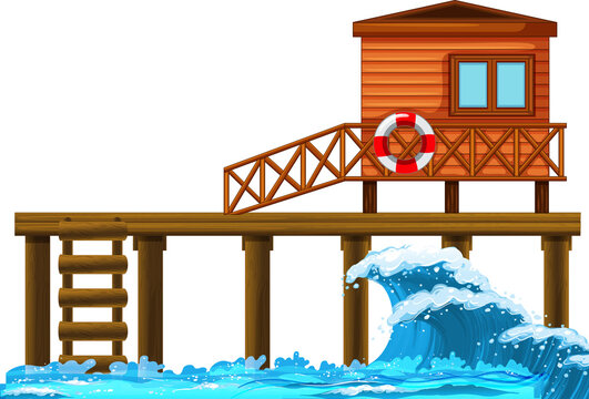 Bungalow with pier on white background