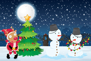 Snowy winter night with Christmas snowman and reindeer