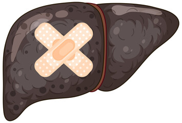 Cirrhosis liver with cross plasters on white background
