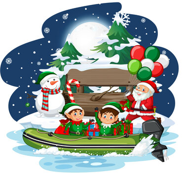 Snowy night with elves delivering gifts by boat