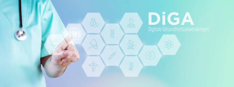 DiGA (Digitale Gesundheitsanwendungen). M&auml;nnlicher Arzt zeigt mit Finger auf digitales Hologramm aus Icons. Text mit medizinischen Begriff. Konzept f&uuml;r Digitalisierung in der Medizin