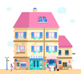 Vector illustration of cute European houses with shuttered windows with flowers and different decoration elements. City csene with people and buildings.