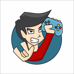An illustration of a boy holding a game controller. Simple gamer boy logo © Galih Prihatama