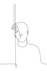 man stands at the door jamb with his arm around it and putting his head to it - one line drawing vector. the concept of peeping, fatigue, falling in love, observation