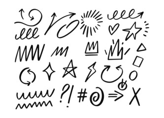 Hand drawn black color doodle design element set. Arrows, geometric shapes and more detail signs.