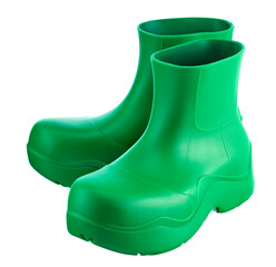 Miniature fashionable rubber rain boots in bright green color, with a low top, isolated on a white background.